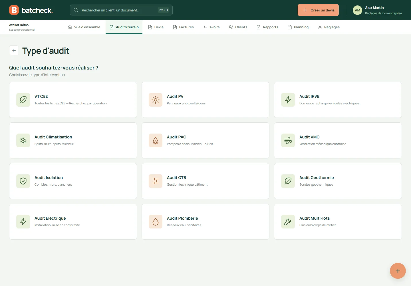 Espace des audits techniques de BatCheck