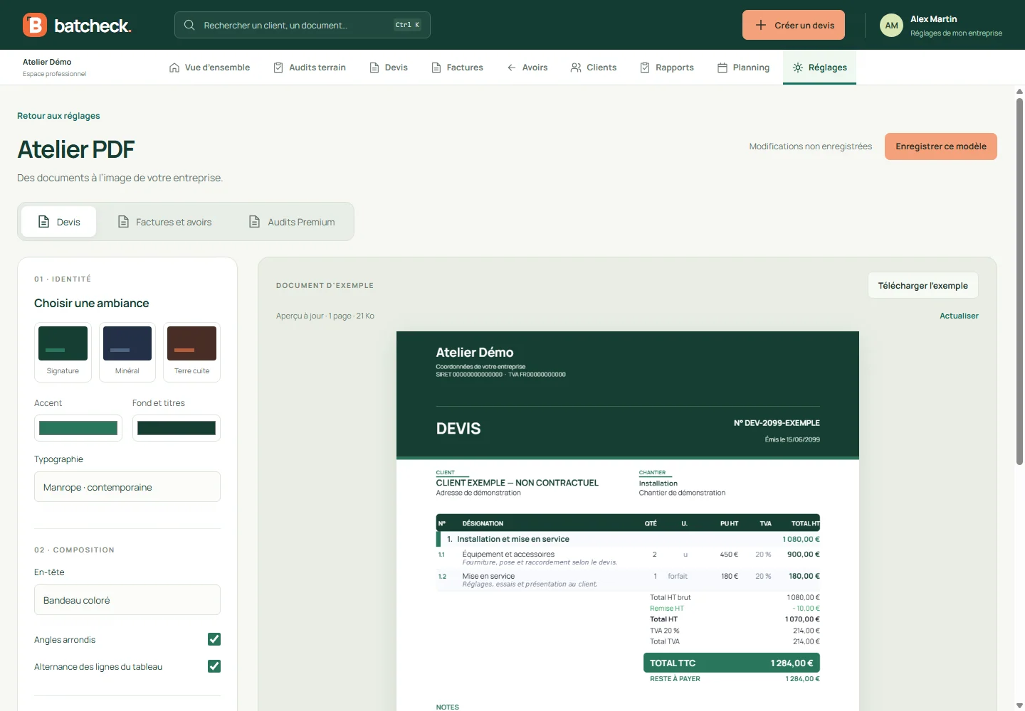 Interface BatCheck — Atelier PDF, données d’exemple