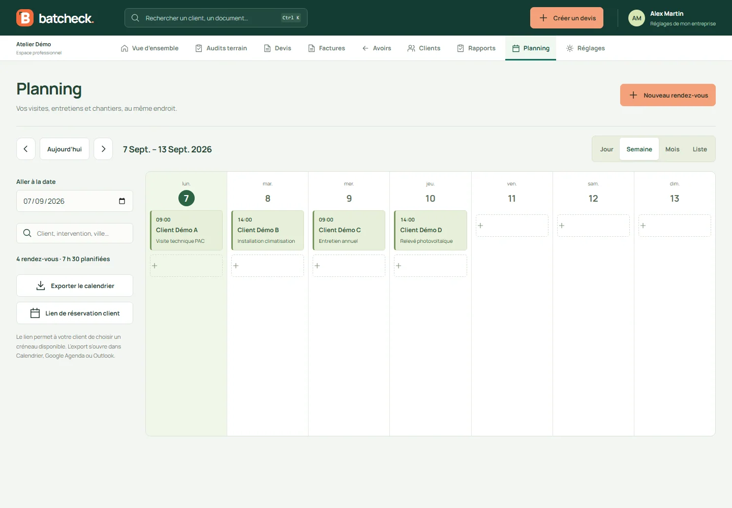 Calendrier des rendez-vous BatCheck — démonstration